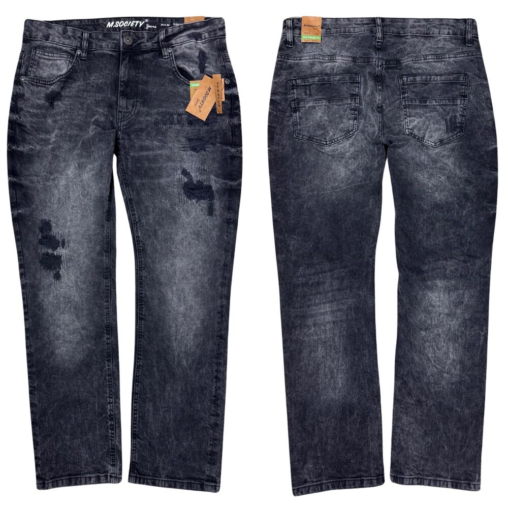 M. Society Men's Jeans Slim Straight Bob Black Wash Distressed Stretch 34X30 New